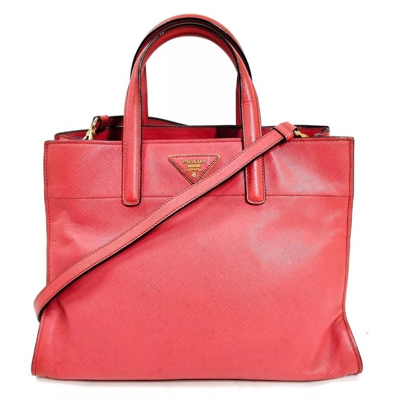 100% Auth Prada Pink Tamaris Triple Pocket Saffiano Soft Leather 2way Tote Bag - Picture 1 of 9
